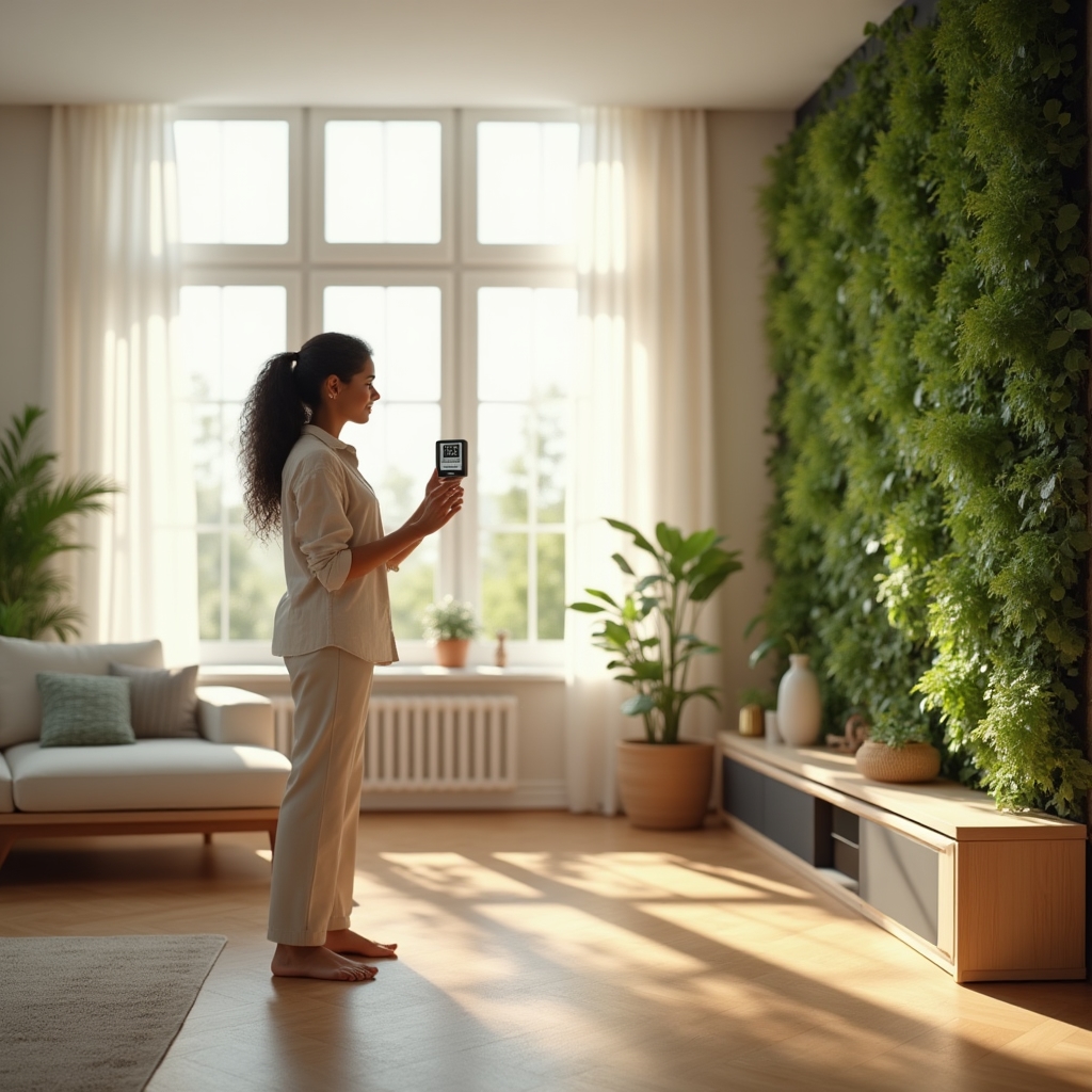 Modernes energieeffizientes Wohnzimmer mit sichtbaren Energieeinsparmaßnahmen