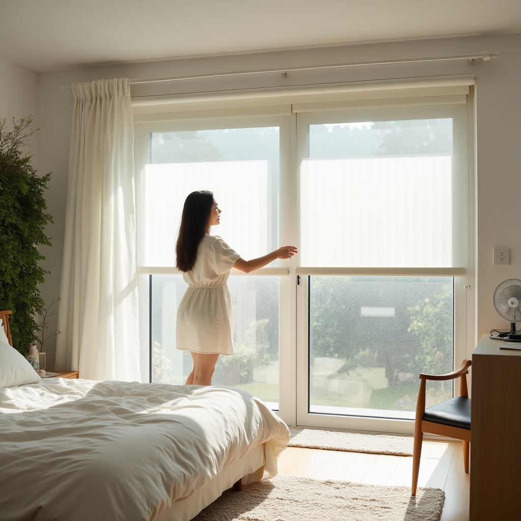 Helles Wohnzimmer im Sommer mit geschlossenen Jalousien und natürlicher Kühlung