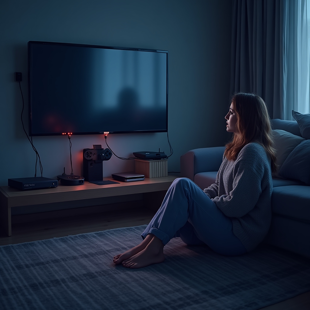 Wohnzimmer mit mehreren Elektrogeräten im Standby-Modus und sichtbaren LED-Anzeigen