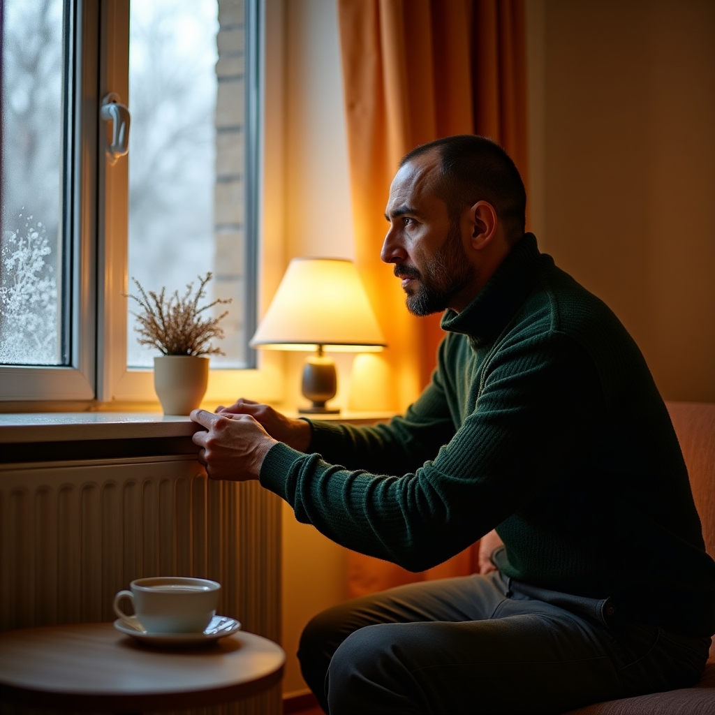 Gemütliches Wohnzimmer im Winter mit effizienter Heizung und Thermometer